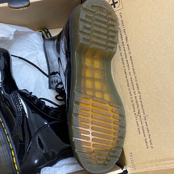 Dr. Martens Glossy Black Boots with Yellow Stitching - Picture 3 of 3